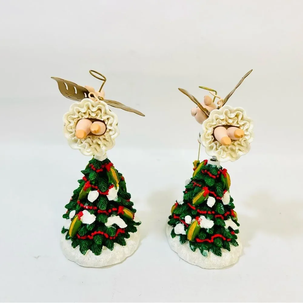 SET OF 2 Hand Painted Resin Christmas Tree with Piggy Angel Bobblehead Topper